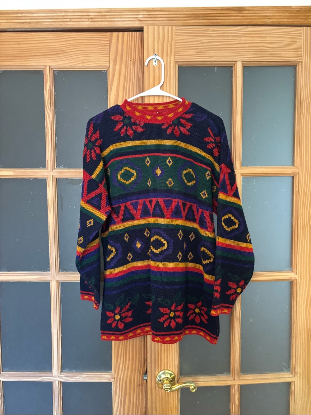 Vintage Multicolor Patterned Knit Sweater - Navy, Red & Green